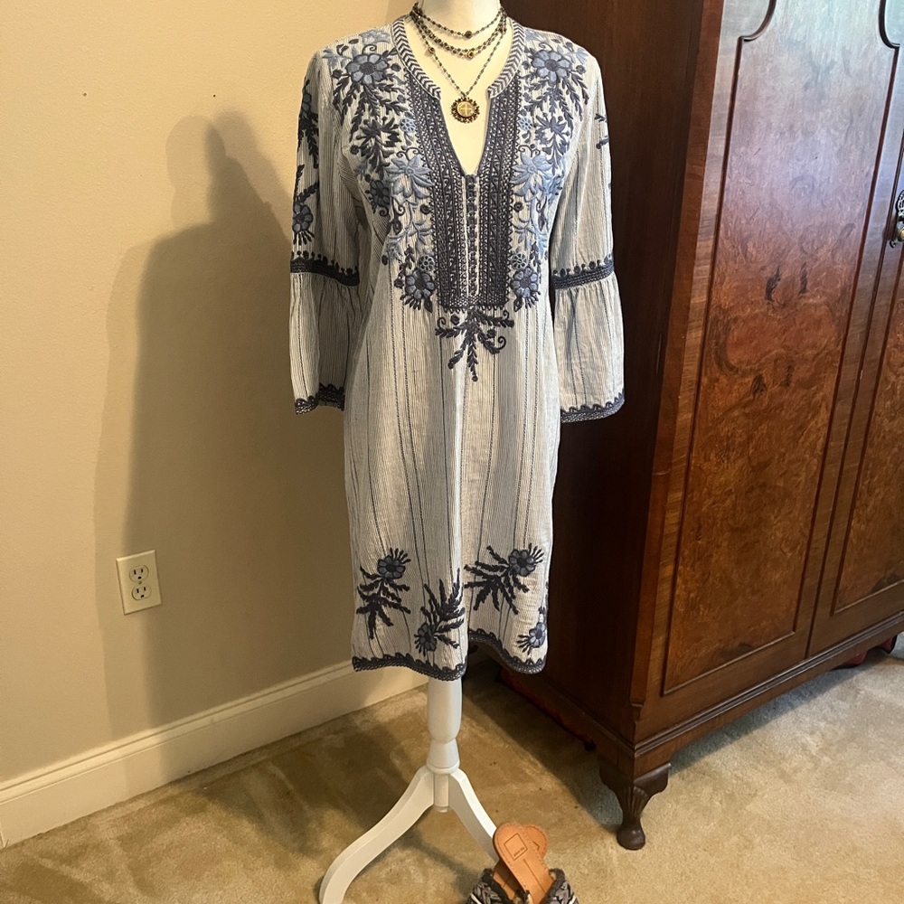 Johnny Was Navy and White Embellished Dress